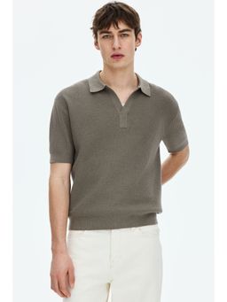 H&M - Men Beige Regular Fit Cable-Knit Polo T-Shirt