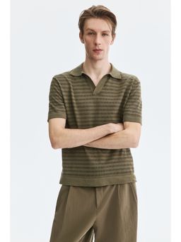 H&M - Men Green Regular Fit Linen-Blend Polo T-Shirt