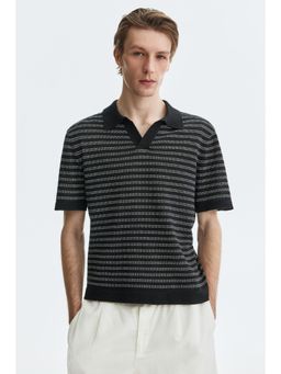 H&M - Men Black Regular Fit Linen-Blend Polo T-Shirt