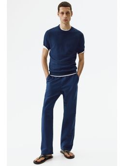 H&M - Men Blue Regular Fit Linen-Blend Trousers