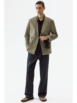H&M - Men Blue Regular Fit Linen-Blend Trousers