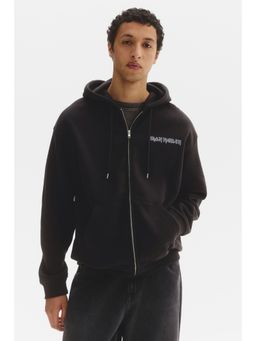 H&M - Men Black Loose Fit Printed zip-through hoodie
