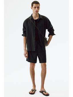 H&M - Men Black Relaxed Fit Linen-Blend Shorts