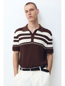 H&M - Men Brown Regular Fit Pointelle-Knit Polo Shirt