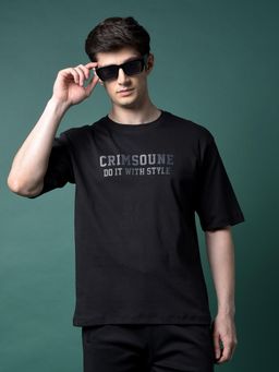 CRIMSOUNE CLUB - Men's Black Typographic Print 100% Cotton Oversize T-Shirt