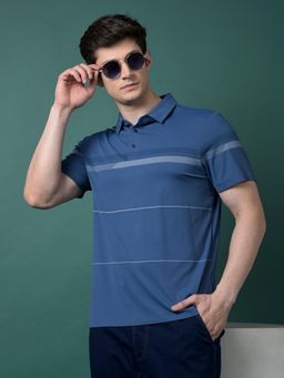 CRIMSOUNE CLUB - Men Blue Blended Stripes Relaxed Fit Polo T-Shirt