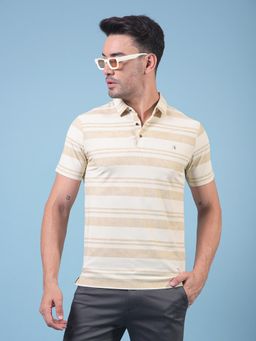 CRIMSOUNE CLUB - Men Beige Blended Stripes Relaxed Fit Polo T-Shirt