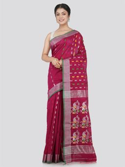 PinkLoom - Women's Cotton Blend Saree with Unstitched Blouse Piece, Maroon