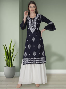 Seva Chikan - Hand Embroidered Navy Blue Cotton Lucknowi Chikankari Kurta
