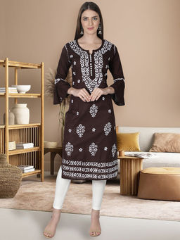 Seva Chikan - Hand Embroidered Dark Brown Cotton Lucknowi Chikankari Kurta