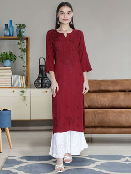 Seva Chikan - Hand Embroidered Maroon Rayon Lucknowi Chikankari Kurta