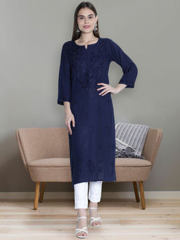 Seva Chikan - Hand Embroidered Navy Blue Rayon Lucknowi Chikankari Kurta