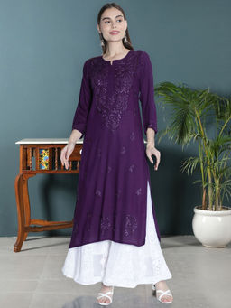 Seva Chikan - Hand Embroidered Purple Rayon Lucknowi Chikankari Kurta