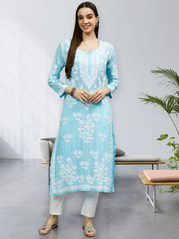 Seva Chikan - Hand Embroidered Sky Blue Modal Lucknowi Chikankari Kurta