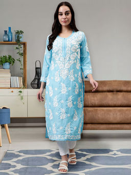 Seva Chikan - Hand Embroidered Blue Muslin Lucknowi Chikankari Kurta