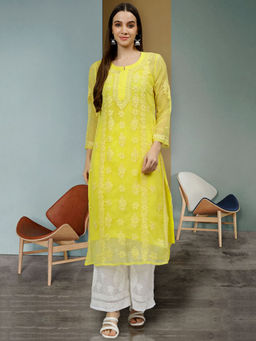 Seva Chikan - Hand Embroidered Yellow Georgette Lucknowi Chikankari Kurta with Slip (Set of 2)