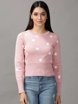 SHOWOFFFF - Womens Round Neck Cinched Waist Printed Pink Regular Sweater