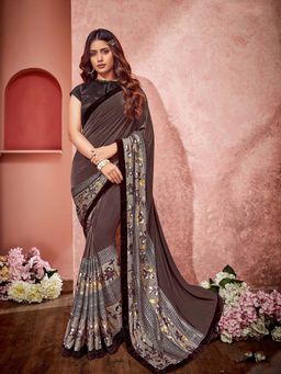 Odette - Brown Lycra Fancy Net Designer Saree with Unstitched Blouse