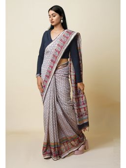 Unnati Silks - Beige Pure Bagru Printed Pashmina Chanderi Sico Saree with Unstitched Blouse