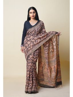 Unnati Silks - Black Pure Bagru Printed Pashmina Chanderi Sico Saree with Unstitched Blouse