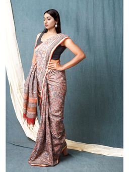 Unnati Silks - Blue Pure Bagru Printed Pashmina Chanderi Sico Saree with Unstitched Blouse