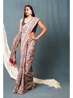 Unnati Silks - Blue Pure Bagru Printed Pashmina Chanderi Sico Saree with Unstitched Blouse