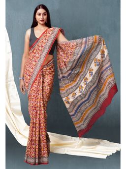 Unnati Silks - Red Pure Bagru Printed Pashmina Chanderi Sico Saree with Unstitched Blouse