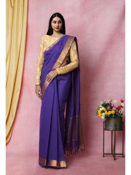 Unnati Silks - Navy Blue Pure Handloom Mangalagiri Cotton Saree with Unstitched Blouse