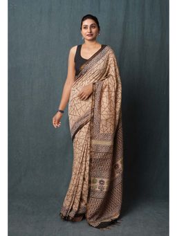 Unnati Silks - Beige Pure Bagru Printed Pashmina Chanderi Sico Saree with Unstitched Blouse