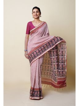 Unnati Silks - Beige Pure Bagru Printed Pashmina Chanderi Sico Saree with Unstitched Blouse
