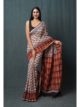 Unnati Silks - Beige Pure Bagru Printed Pashmina Chanderi Sico Saree with Unstitched Blouse