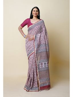 Unnati Silks - Beige Pure Bagru Printed Pashmina Chanderi Sico Saree with Unstitched Blouse