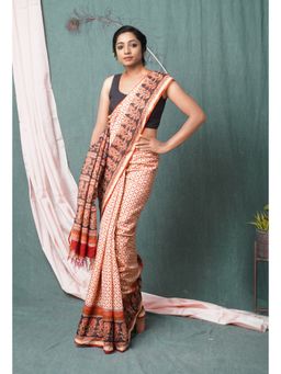 Unnati Silks - Beige Pure Bagru Printed Pashmina Chanderi Sico Saree with Unstitched Blouse