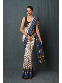 Unnati Silks - White Pure Traditional Bagru Printed Pashmina Chanderi Sico Saree with Unstitched Blouse