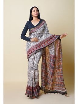 Unnati Silks - Cream Pure Traditional Bagru Printed Pashmina Chanderi Sico Saree with Unstitched Blouse
