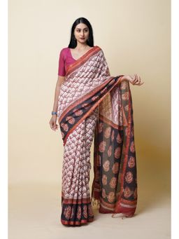 Unnati Silks - Beige Pure Bagru Printed Pashmina Chanderi Sico Saree with Unstitched Blouse