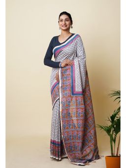 Unnati Silks - Cream Pure Traditional Bagru Printed Pashmina Chanderi Sico Saree with Unstitched Blouse