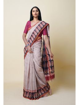 Unnati Silks - Beige Pure Bagru Printed Pashmina Chanderi Sico Saree with Unstitched Blouse