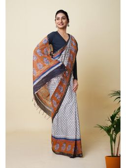 Unnati Silks - White Pure Traditional Bagru Printed Pashmina Chanderi Sico Saree with Unstitched Blouse