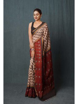 Unnati Silks - Beige Pure Bagru Printed Pashmina Chanderi Sico Saree with Unstitched Blouse