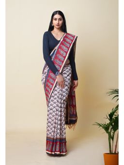 Unnati Silks - Beige Pure Bagru Printed Pashmina Chanderi Sico Saree with Unstitched Blouse