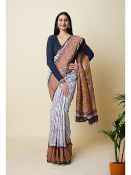 Unnati Silks - White Pure Traditional Bagru Printed Pashmina Chanderi Sico Saree with Unstitched Blouse
