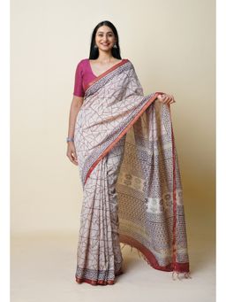 Unnati Silks - Ivory Pure Traditional Bagru Printed Pashmina Chanderi Sico Saree with Unstitched Blouse
