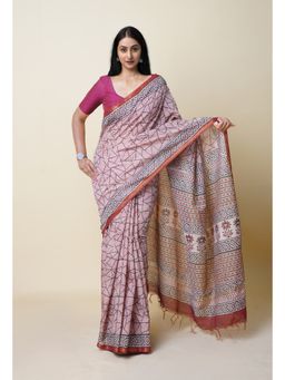 Unnati Silks - Beige Pure Bagru Printed Pashmina Chanderi Sico Saree with Unstitched Blouse