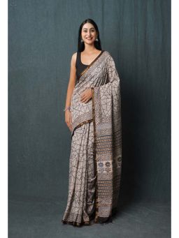Unnati Silks - White Pure Traditional Bagru Printed Pashmina Chanderi Sico Saree with Unstitched Blouse