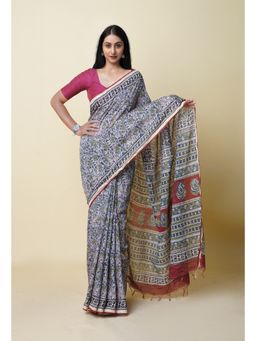 Unnati Silks - Blue Pure Bagru Printed Pashmina Chanderi Sico Saree with Unstitched Blouse