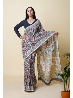 Unnati Silks - Black Pure Bagru Printed Pashmina Chanderi Sico Saree with Unstitched Blouse