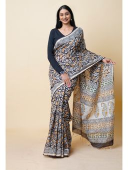 Unnati Silks - Black Pure Bagru Printed Pashmina Chanderi Sico Saree with Unstitched Blouse