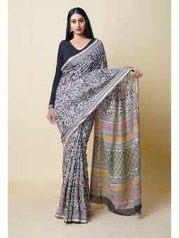 Unnati Silks - Black Pure Bagru Printed Pashmina Chanderi Sico Saree with Unstitched Blouse