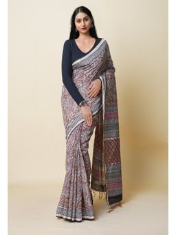 Unnati Silks - Brown Pure Bagru Printed Pashmina Chanderi Sico Saree with Unstitched Blouse
